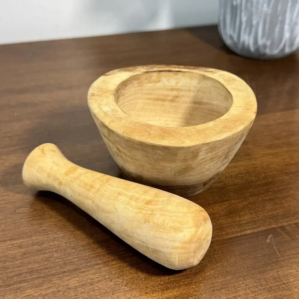 Wooden Mortar and Pestle Set Spice Herb Grinder Natural Wood Kitchen Tool